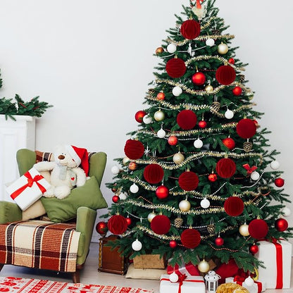 Liliful 12 Pcs Velvet Christmas Ornaments Balls, 4 Inch Flocked Plastic Christmas Tree Ball Shatterproof Hanging Ornaments Decorations for Xmas Tree Vintage Holiday Rustic Home Decor(Wine Red)
