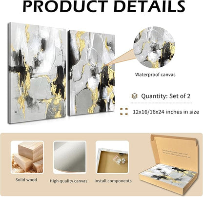 Framed Abstract Black Gold Wall Art Set of 2, Modern Black White Gold Canvas Prints Poster Picture for Living Room, Bedroom and Office Wall Decor 16 x 24 Inch