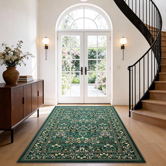 AMADA HOMEFURNISHING 3x5 Entryway Rug Indoor, Non-Slip & Low-Profile Area Rugs with Durable Edge Binding, Floral Pattern, Soft Washable Rug for Bedroom, Entryway and Kitchen