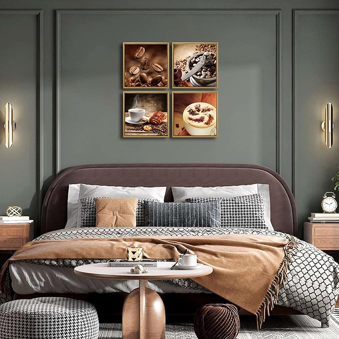 Wieco Art Framed 4 Panels Canvas Wall Art Coffee Bean Kitchen Canvas Prints Wall Art for Living Room Decor Bedroom Home Bathroom Wall Decor