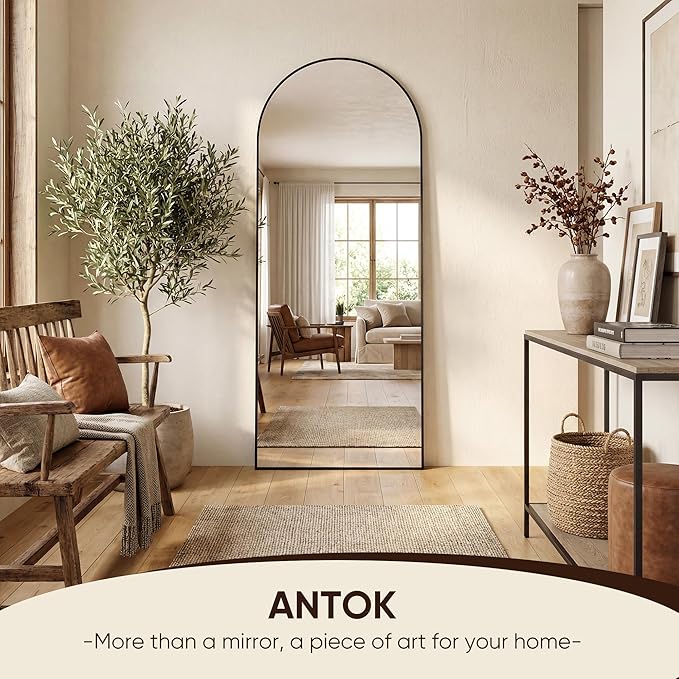 Antok 64" x21” Arched Full Length Floor Mirror, Black Aluminum Frame, Free Standing/Wall Mount/Leaning for Bedroom, Living Room, Dressing Room