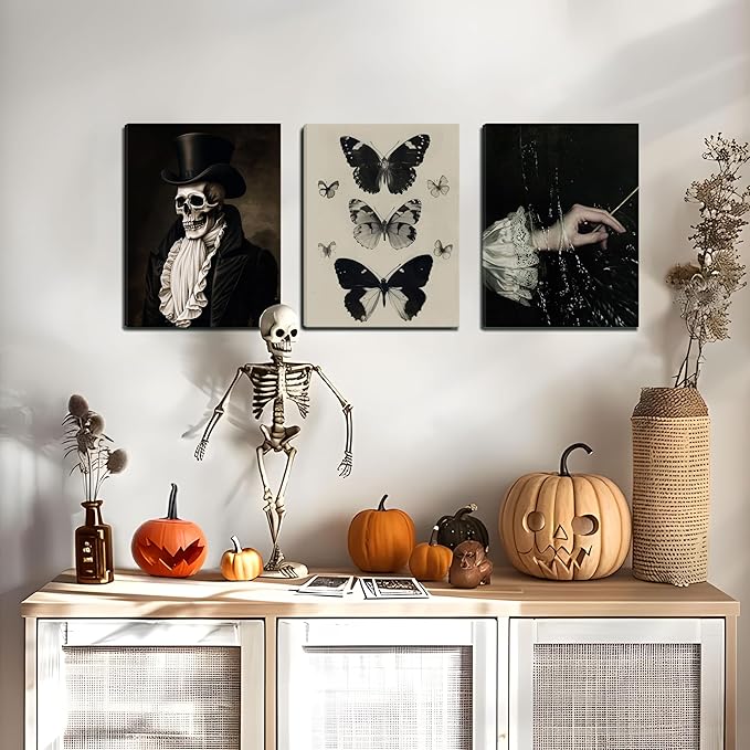 Dark Academia Wall Art, Moody Gothic Canvas Prints Wall Decor Paintings, Victorian Creepy Skull and Moth Posters Pictures Artwork for Bedroom Living Room 16x24 Inch Framed