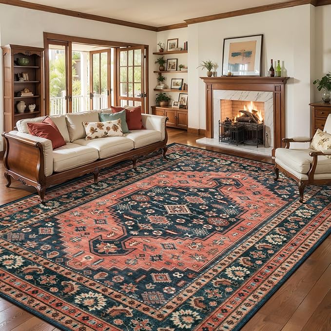 Tangsoo 8x10 Large Area Rug for Living Room,Machine Washable Large Indoor Rugs,Vintage Soft Non-Slip Floral Rugs,Red Blue Low Pile Farmhouse Carpet for Dining Room Bedroom Dorm Office Home Decor