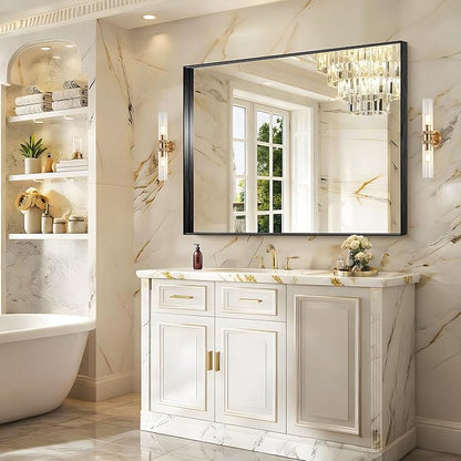 CIRCUMI Black Bathroom Mirror, 40"x48" Rectangular Mirror with Deep Metal Frame, Brushed Finish, Tempered Glass, Large Mirror for Wall, Over 2 Sinks, Installed Vertically/Horizontally, Crystal-Clear