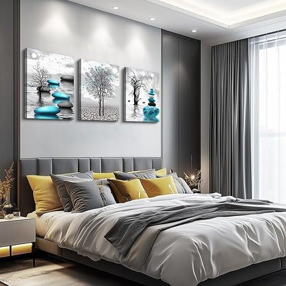 Canvas Wall Art for Living Room Wall Decor for Bedroom Bathroom Black and White Paintings Modern 3 Piece Framed Canvas Art Prints Ready to Hang Inspirational Abstract Blue Pictures Home Decorations