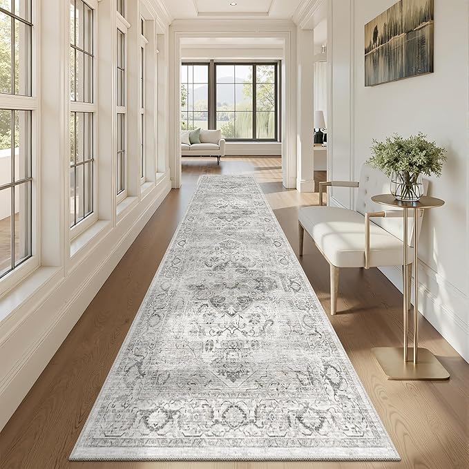 Washable Runner Rug 2.6x10- Non Slip Vintage Hallway Runner Rugs for Kitchen, Stain Resistant Long Carpet for Living Room Entryway Bedroom Laundry Ivory/Gray