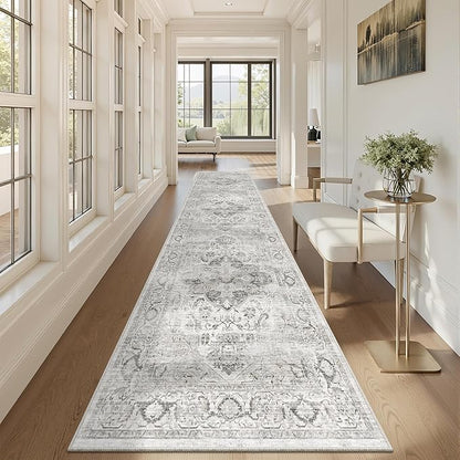 Washable Runner Rug 2.6x10- Non Slip Vintage Hallway Runner Rugs for Kitchen, Stain Resistant Long Carpet for Living Room Entryway Bedroom Laundry Ivory/Gray