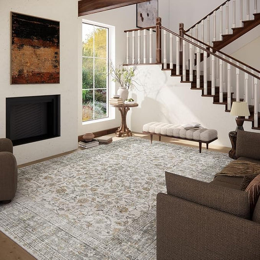 10x12 Large Rugs for Living Room: Washable Rug Stain Resistant Non Slip Distressed Vintage Rug Low Pile Faux Wool Soft Carpet for Bedroom Farmhouse Dining Room Kids Playroom Nursery