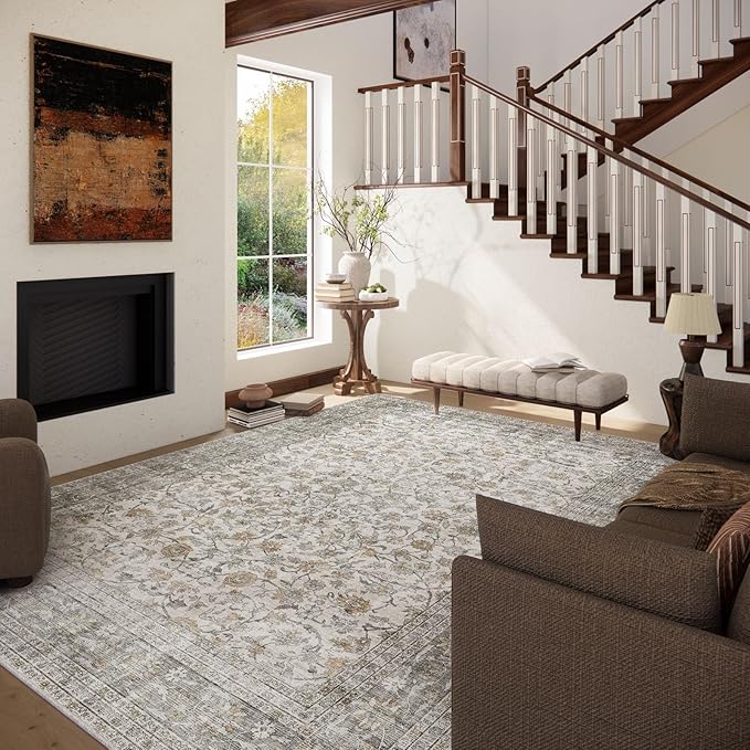 Machine Washable Rugs for Living Room: 9x12 Area Rugs for Bedroom Vintage Stain Resistant Non Slip Low Pile Soft Boho Carpet for Kitchen Dining Room Farmhouse Kids Room Nursery