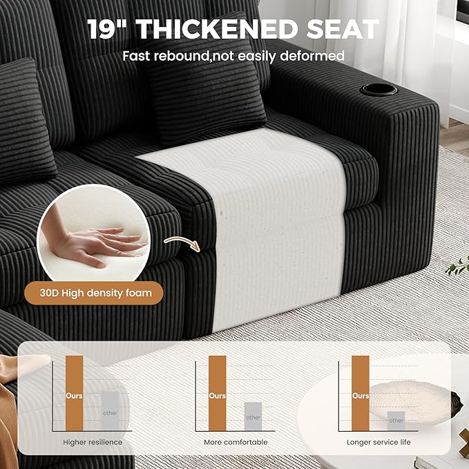 112" L Shaped Cloud Boneless Couch,Modern Modular Sectional Sofa with Layered Cushion,No Assembly Convertible Corduroy Couches for Living Room,Black 1 PCS