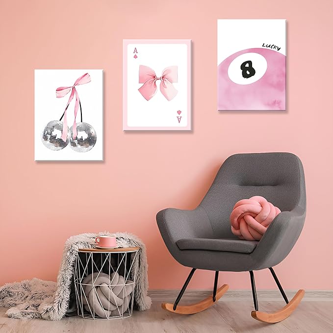 Framed Pink Canvas Wall Decor Set of 3, Pink Bow Wall Art Oil Painting, Girls Preppy Room Decor Picture, Trendy Disco Ball Print Poster for Teen Girl Apartment Bedroom Living Room Aesthetic 12x16 Inch