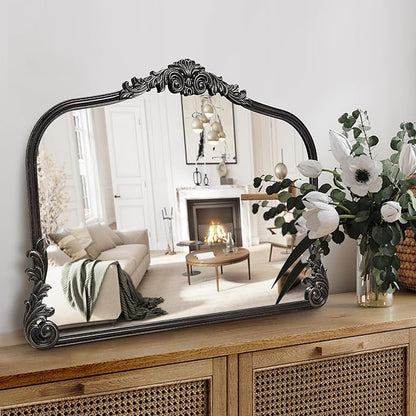 Wylde Iris English Estate Carved Arch Wood Wall Mirror, Mirror for Entryway, Living Room, Bathroom, Distressed Black, 26x37