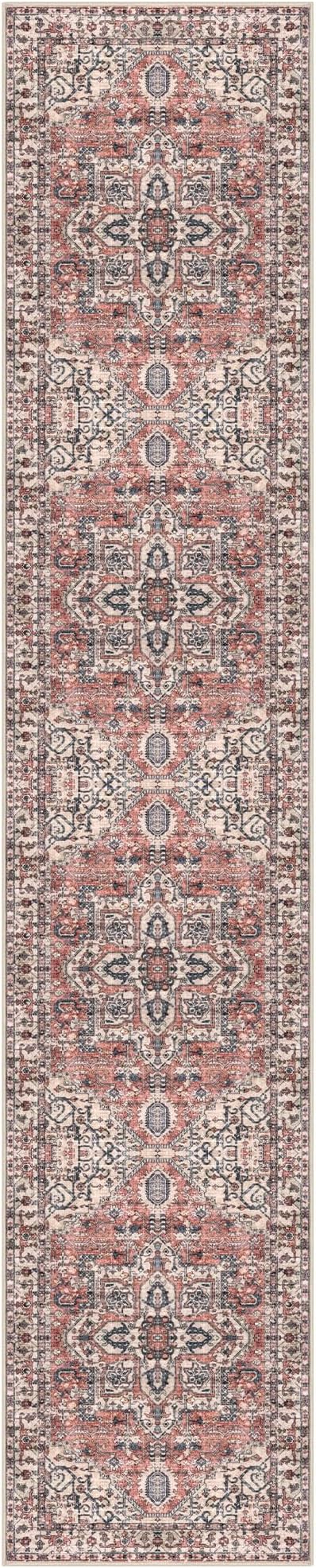 KOZYFLY Long Runners for Hallways 2x10 Ft Washable Kitchen Runner Rug Boho Style Entryway Rug Indoor Printed Faux Wool Stair Runner Carpet for Stairs Bedroom Kitchen Hall, Red Salmon/Pink/Navy