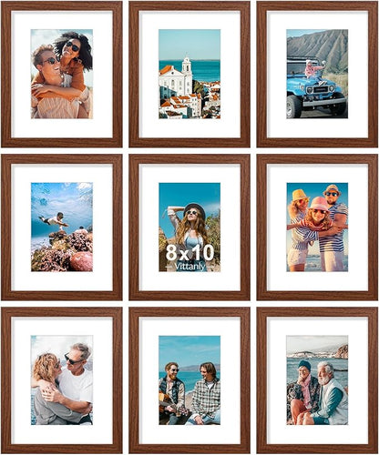 Vittanly 8x10 Picture Frames Set of 9, Shatter Resistant Plexiglass, Display 5x7 Pictures with Mat or 8x10 without Mat, Photo Frames for Wall or Tabletop, Engineered Wood, Wood Grain Brown