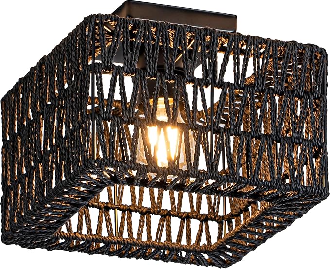 Rpzloila Rattan Ceiling Light, Black Boho Light Fixture, Square Flush Mount Ceiling Light for Bedroom, Hallway, Entryway, Kitchen, Laundry
