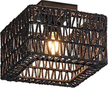 Rpzloila Rattan Ceiling Light, Black Boho Light Fixture, Square Flush Mount Ceiling Light for Bedroom, Hallway, Entryway, Kitchen, Laundry