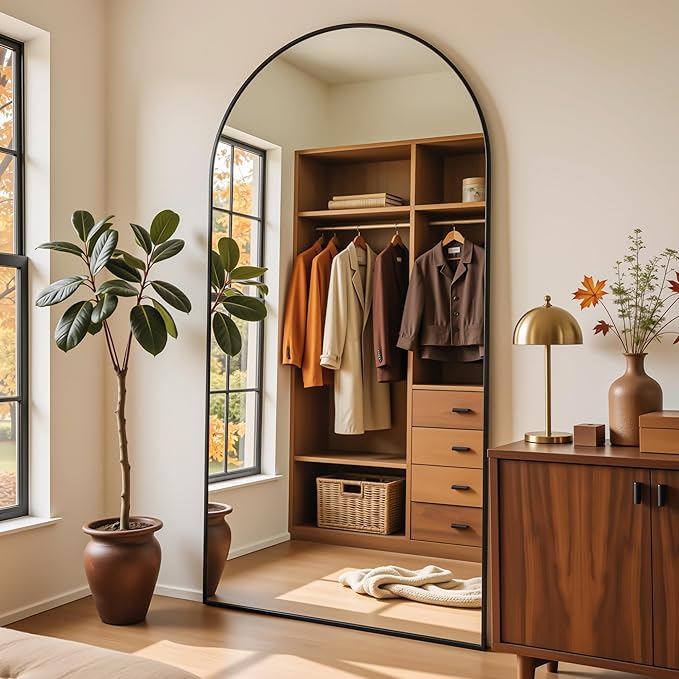 Full Length Mirror, 78"x38" Arched Full Body Mirror, Floor Mirrors with Stand, Body Mirrors Standing Hanging Leaning Against Wall,Aluminum Frame Mirrors for Bedroom Cloakroom,Living Room,Black