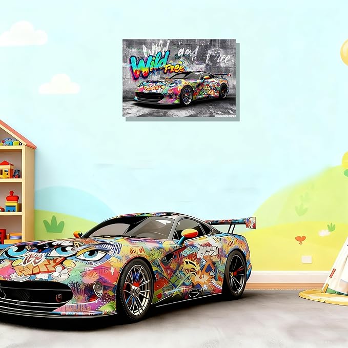 12x16 Modern Graffiti Sports Racing Car Canvas Wall Art Framed Urban Street Painting Car Poster for Teen Boys Room Pop Funny Home Decor Kids Bedroom Cool Posters Living Room Prints