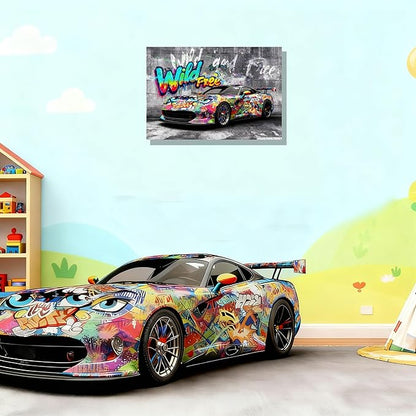 12x16 Modern Graffiti Sports Racing Car Canvas Wall Art Framed Urban Street Painting Car Poster for Teen Boys Room Pop Funny Home Decor Kids Bedroom Cool Posters Living Room Prints