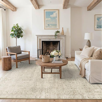 Rugxara 5x7 Area Rugs for Living Room Bedroom, Beige Washable Neutral Rug, Vintage Floral Retro Boho Non Slip & Low Pile Carpet for Dining Room, Classroom, Dorm, Nursery and Kids Room-Beige/Cream
