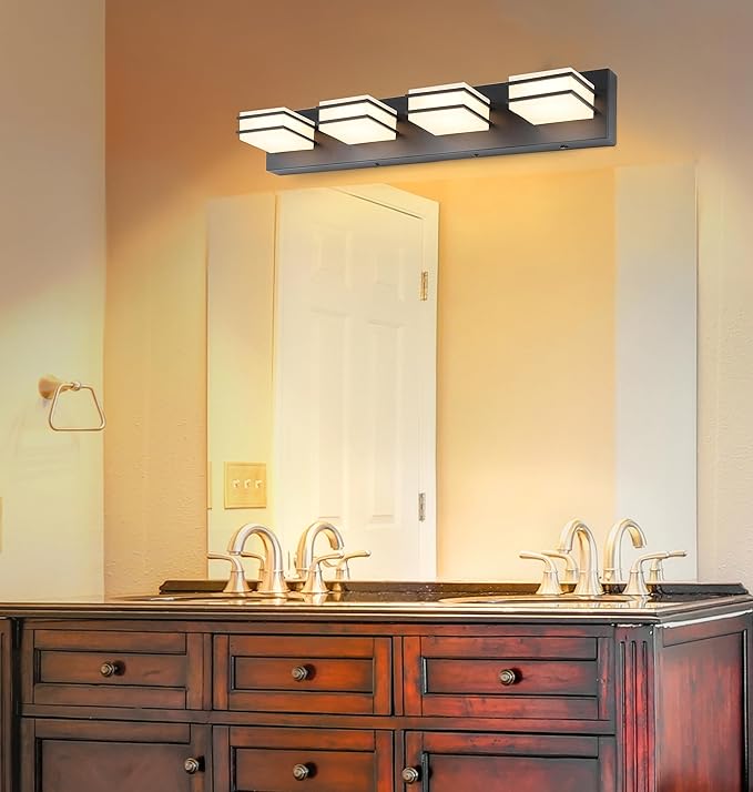 GOODATE 3 Color Temperature Dimmable Bathroom Light Fixtures Over Mirror, LED Black 4 Light Vanity Lighting Fixtures, Acrylic Stainless Steel Square Shade Vanity Lights for Bathroom, ETL Certificated