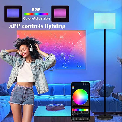 Qaubauyt Smart LED Floor Lamp with APP Control & RGB Colors - Dimmable Standing Lamp for Living Room, Bedroom, Gaming - Remote, Timer, 9W Bulb Included, 60.6" Modern Tall Lamp (White)