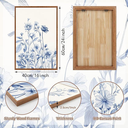 HLNIUC Chinoiserie Floral Wall art,Blue Flower Bird Wall Art,Minimalist Botaincal Artwork,Navy Blue Flower Framed Decor,Neutral Plants Painting,Daisy Prints for Livingroom,Bedroom,Office 16x24x3