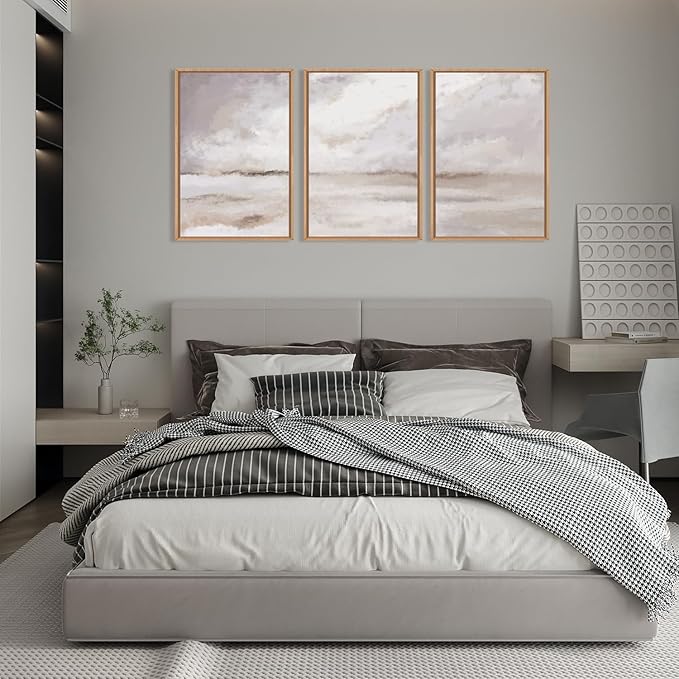 Large Neutral Abstract Framed Canvas Wall Art Set,Minimalist Gray and Beige Pastel Wall Decor,Modern Nature Misty Textured Art Painting for Living Room,Bedroom-16 x24 x3