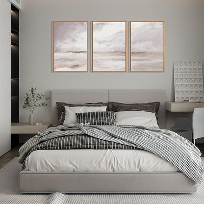 Large Neutral Abstract Framed Canvas Wall Art Set,Minimalist Gray and Beige Pastel Wall Decor,Modern Nature Misty Textured Art Painting for Living Room,Bedroom-16 x24 x3