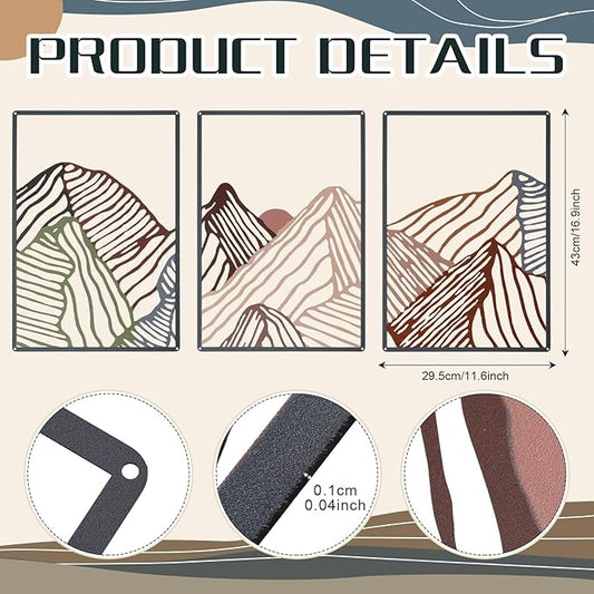 Peryiter 3 Pcs Metal Wall Art Decor Landscape Mountain Wall Hanging Decor for Living Room Abstract Minimalist Modern Mountain Line Pictures Bathroom Office Home Gifts Indoor(Colorful)