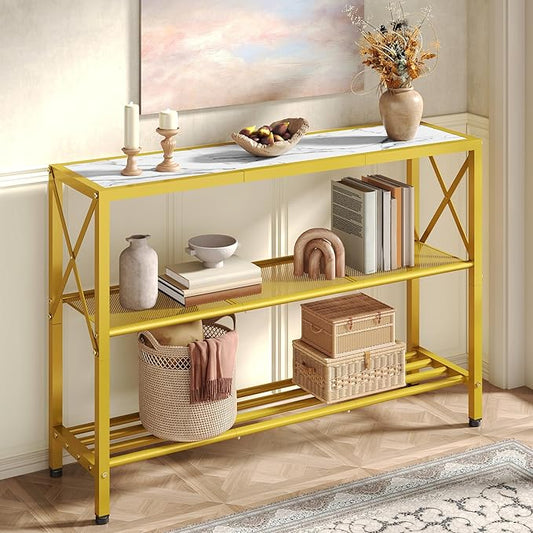 Hoctieon Gold Console Table, 3 Tier Entryway Table with Shelves, Narrow Sofa Table for Hallway, Living Room, Foyer, Office, 42" x 12", Gold and White