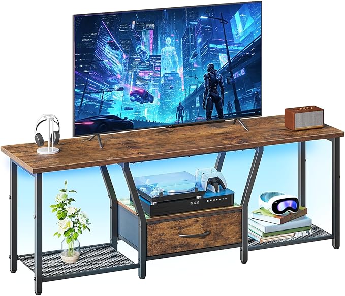 RALGEND TV Stand with LED Lights, for TVs up to 55 Inches, 47" Entertainment Center with Fabric Drawer & Soundbar Shelf, Media Console Table for Living Room, Bedroom, Rustic Brown and Black 1201DSDBB