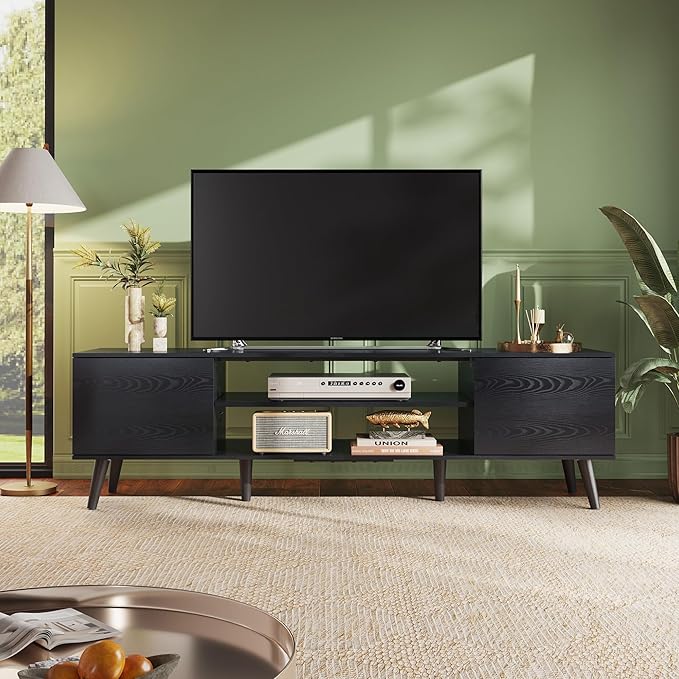 WLIVE Mid-Century Modern TV Stand for 65 70 Inch TV, Entertainment Center with Storage, Adjustable Shelves & Soft-Close, Media TV Console for Living Room/Bedroom, Black