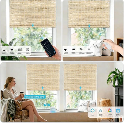 Motorized Bamboo Roman Shades, Motorized Blinds with Remote Compatible with Homekit, Alexa GoogleHome, Smart Wood Woven Shades for Indoor Windows, Customize, Driftwoven