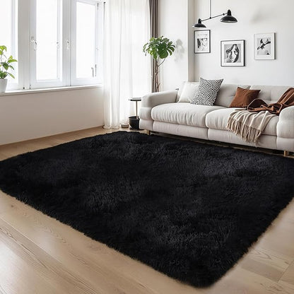 KICHOWUA Thick Area Rug Black Fluffy Shag 3x5 for Bedroom, Ultra Soft Thickened Plush Washable Carpet, Non-Slip Cozy Shaggy Fuzzy Rug for Living Room Nursery Dorm Playroom Kids Baby Room