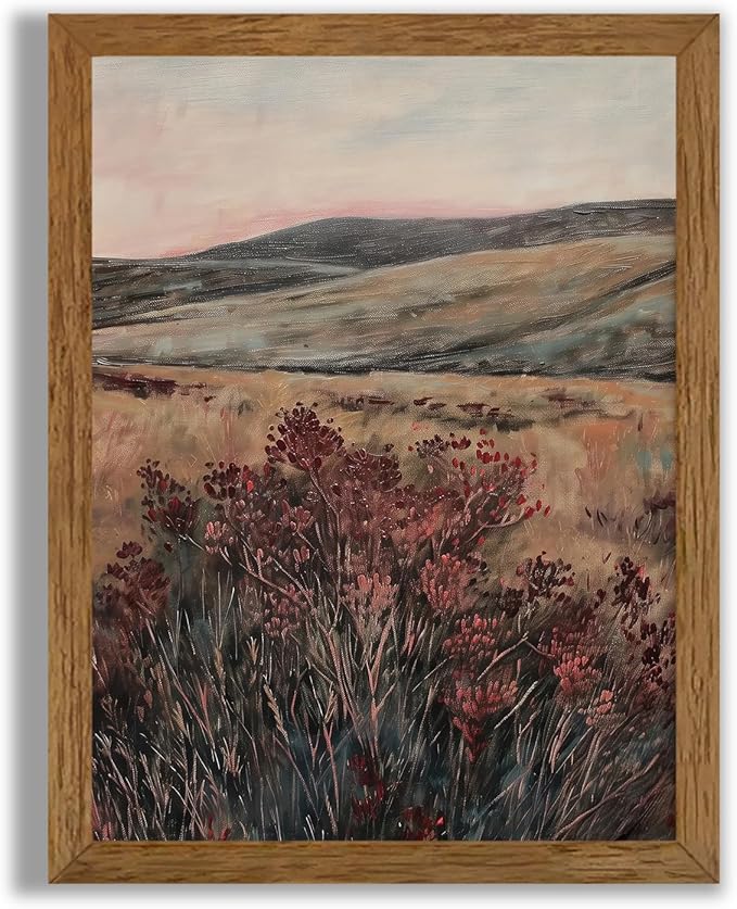 JLTULT Framed Vintage Landscape Canvas Wall Art, Maroon Flower Scenery Paintings Wall Decor, Maroon Dark Wildflower Picture Art Prints for Living Room Bedroom Office Decoration 8x10 inch Easy to Hang