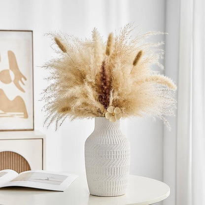 Boho White Ceramic Vase, 8.7" Matte Textured Flower Vase for Home Decor, Minimalist Table Centerpiece for Living Room, Office, Bedroom (Matte White Vase)