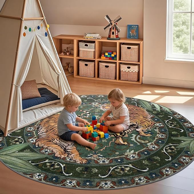 8Ft Round Tiger Washable Rugs for Living Room, Boho Green Animal Print Bedroom Circle Rugs Non Slip, Botanical Jungle Floor Carpet for Dining Room Entryway Nursery Playroom Office