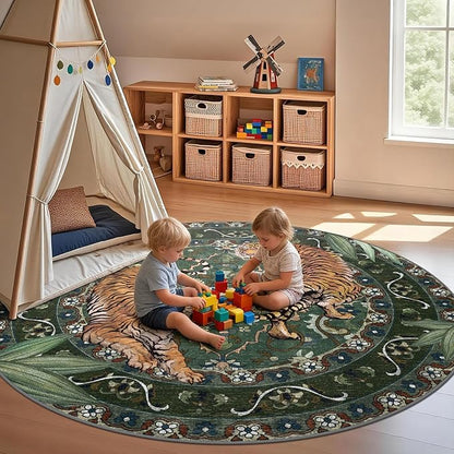 8Ft Round Tiger Washable Rugs for Living Room, Boho Green Animal Print Bedroom Circle Rugs Non Slip, Botanical Jungle Floor Carpet for Dining Room Entryway Nursery Playroom Office