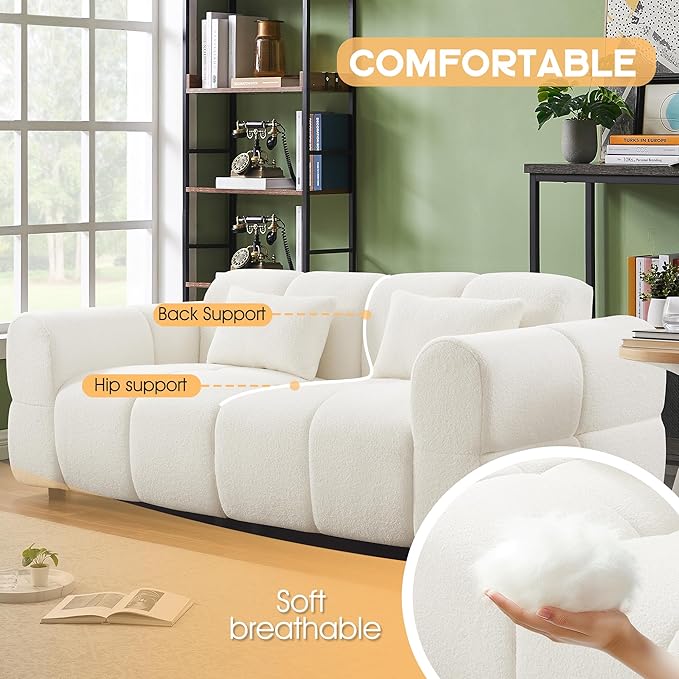 80" Modern Sofa Couch, Comfy Deep Seat Teddy Cloud Sofa, Upholstered 3-Seater Boucle Couch, Oversized Loveseat for Living Room, Bedroom, Office, Apartment(White)