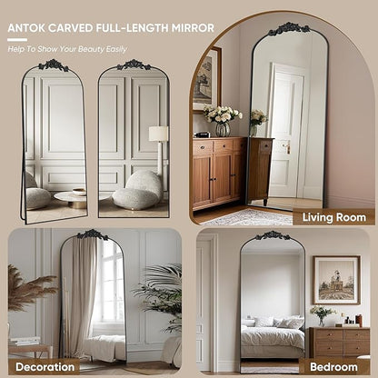 Antok Arched Full Length Mirror, 78"x38" Floor Mirror with Carved, Full Body Mirrors for HomeDecor, Standing/Halling Large Wall Mirror for Bedroom, Living Room, Cloakroom, Black, Retro Style