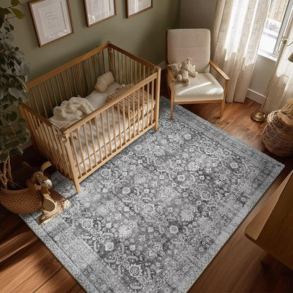 Washable 5x7 Area Rugs for Living Room, Boho Non-Slip Vintage Rugs for Bedroom Dining Room Nursery Office, 0.3" Neutral Oriental Throw Thin Carpet with Cushioning Pad, Grey/Multi, C5
