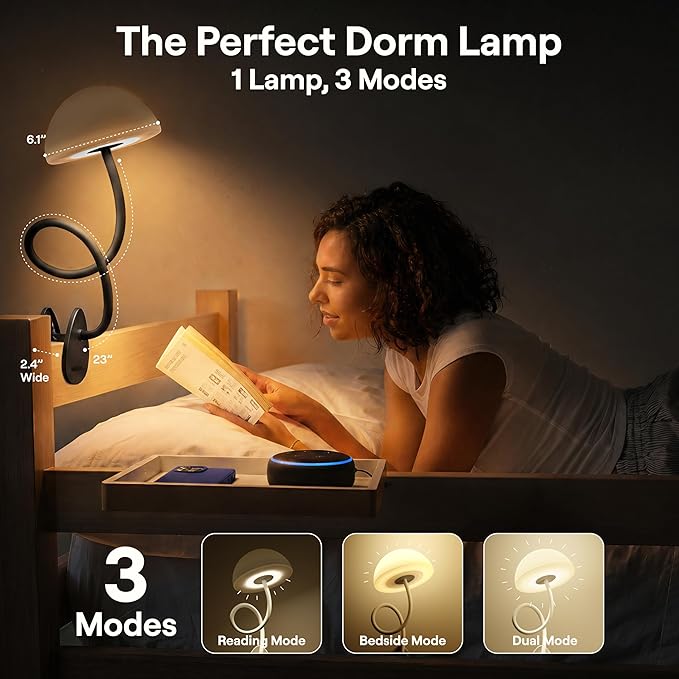 Shroommate Clip On Light and Bed Headboard Lamp, Bedside Table Lamp for Dorm, College Dorm Room Essentials, Night Light for Kids Nursery, Clip on for Desk, MultiColor LEDs, Adapter Included (Black)