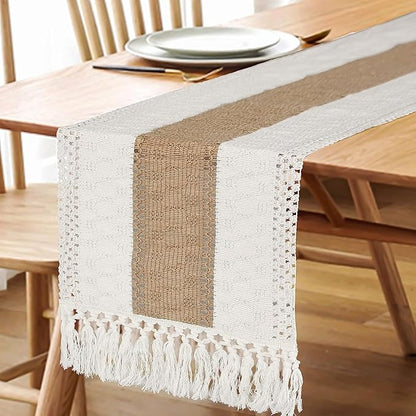 FEXIA Boho Table Runner for Summer Home Decor with Tassels 108 Inches Farmhouse Long Pottery barn Furniture Rustic Macrame Burlap Centerpieces for Tables Decoration for Living Room (12x108 Inches)