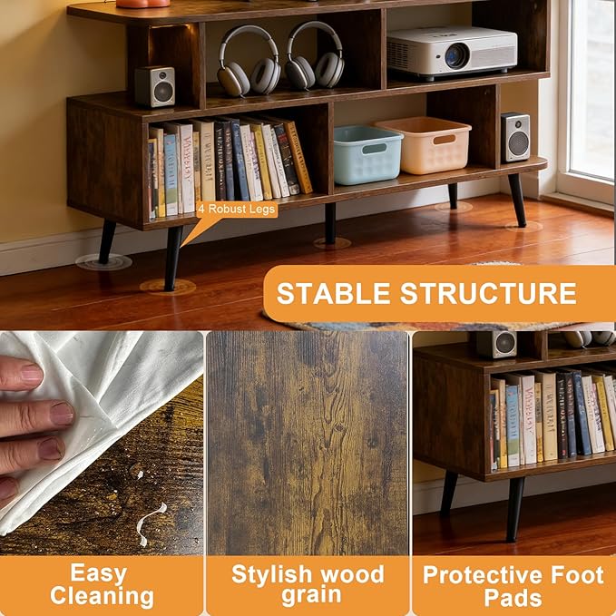 Lightdot 55 Inch TV Stand, up to 65 Inch TVs, Large Storage for Collection with 6 Open Shelves, Sturdy Media Console Table for Living Room/Entrance/Kitchen/Sofa Cabinet, Easy Assembly, Amber