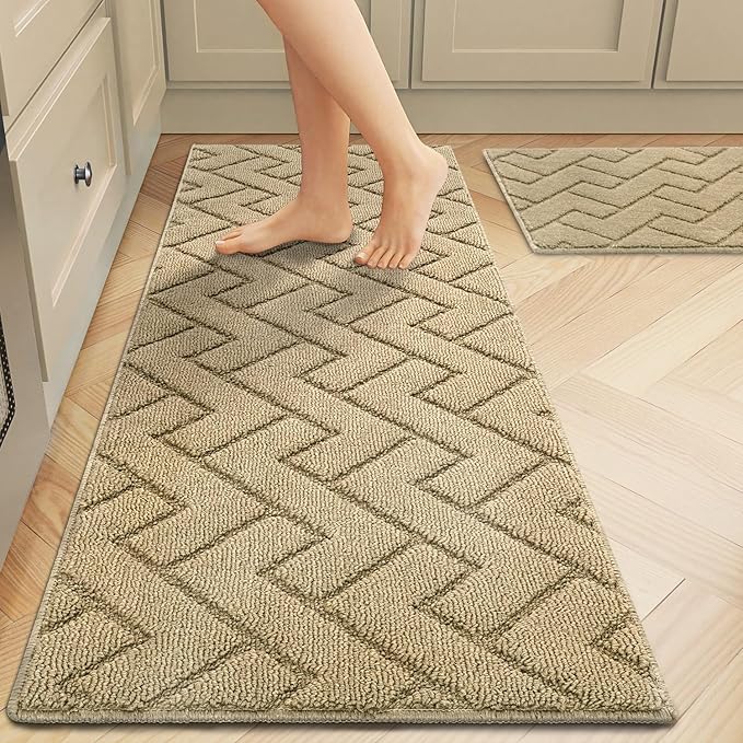 hicorfe Kitchen Runner Rugs and Mats Sets,2 Pieces Absorbent Non-Slip Kitchen Rug,Comfort Kitchen Mat for Floor,Washable for Kitchen,Hallway,Office,Sink,Laundry(20"x48"+20"x32",Brown)