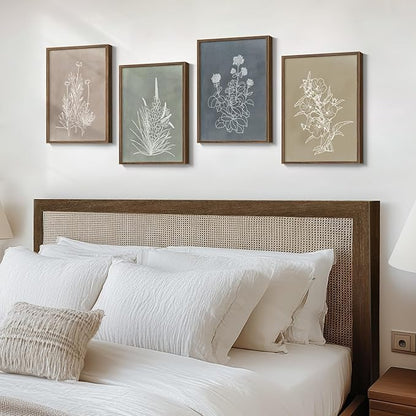 Boho Framed Botanical Wall Art for Bedroom, 4 Piece Vintage Neutral Floral Canvas Painting Prints for Modern Farmhouse, Minimalist Rustic Flower Pictures for Living Room Kitchen Dining Room Home Decor