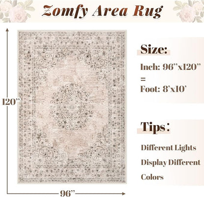 Area Rug 8x10 Vintage Rug: Large Washable Indoor Medallion Rugs Low Pile Distressed Floor Carpet Retro Accent Rug for Living Room Bedroom Kitchen Dining Table Home Office(Distressed Brown, 8'x10')