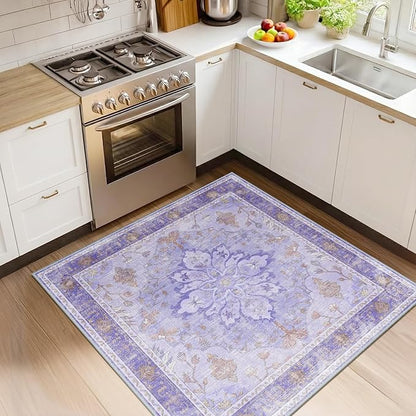 RELEANY Area Rugs Square 4ft Washable Non-Slip, Floral Vintage Distress Print Pattern Medallion Carpet for Living Room Bedroom Dining Room, Light Purple Brown