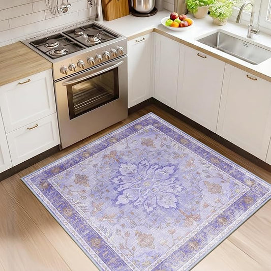 RELEANY Area Rugs Square 4ft Washable Non-Slip, Floral Vintage Distress Print Pattern Medallion Carpet for Living Room Bedroom Dining Room, Light Purple Brown